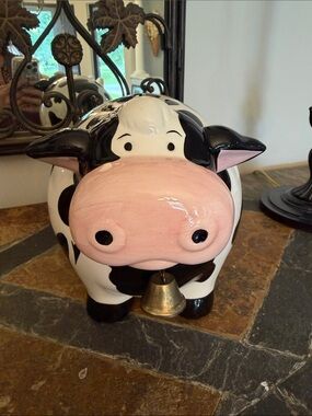 Ceramic Cow Piggie Bank Figurine with Bell - Black & White with Pink Muzzle